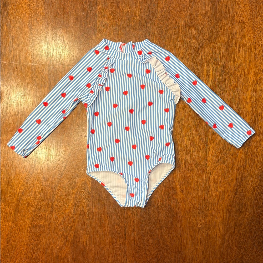 12 Month Girl Striped Long Sleeve One Piece Swimsuit with Strawberries